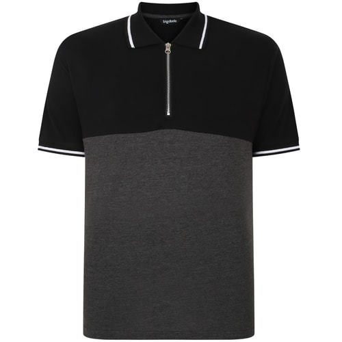 Bigdude Colour Block Poloshirt mit Reißverschluss, Schwarz/Anthrazit, groß